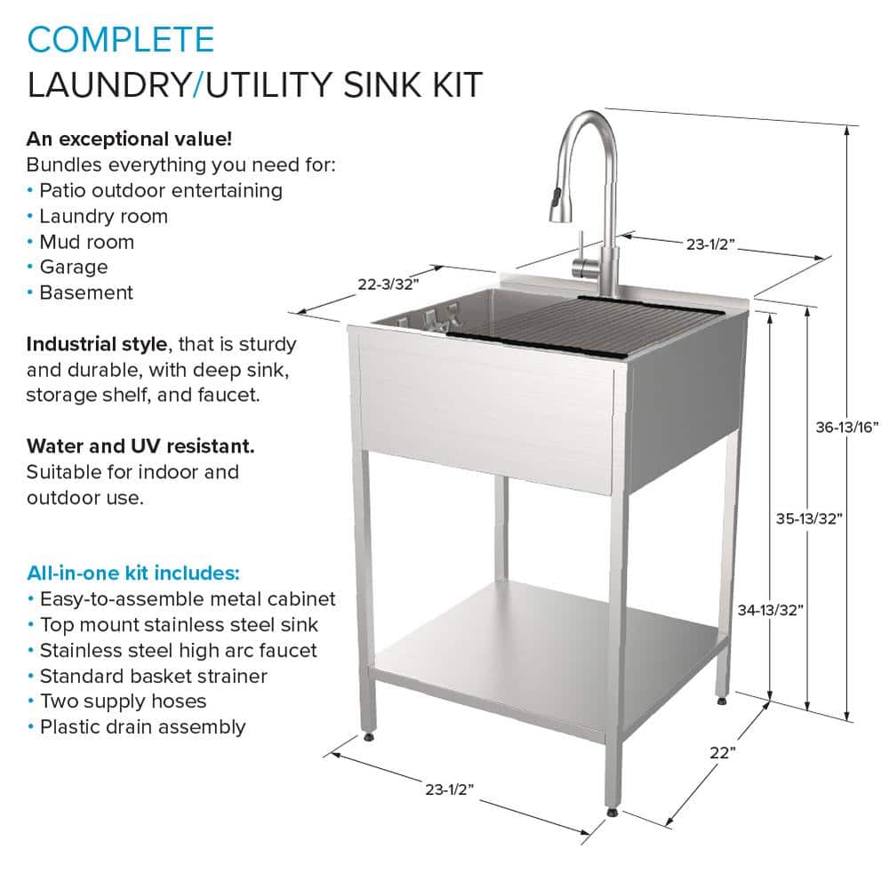 Transolid 15 Gal. 22.1 in. D x 24 in. W Freestanding Laundry Sink with Cabinet in Brushed Satin with Faucet and Accessories