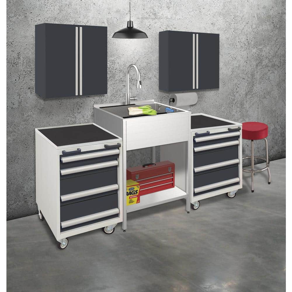 Transolid 15 Gal. 22.1 in. D x 24 in. W Freestanding Laundry Sink with Cabinet in Brushed Satin with Faucet and Accessories