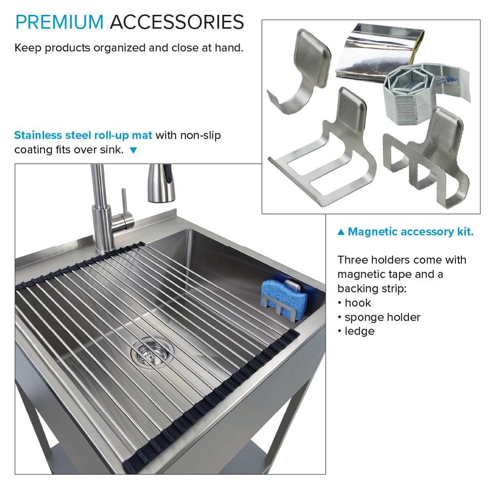 Transolid 15 Gal. 22.1 in. D x 24 in. W Freestanding Laundry Sink with Cabinet in Brushed Satin with Faucet and Accessories