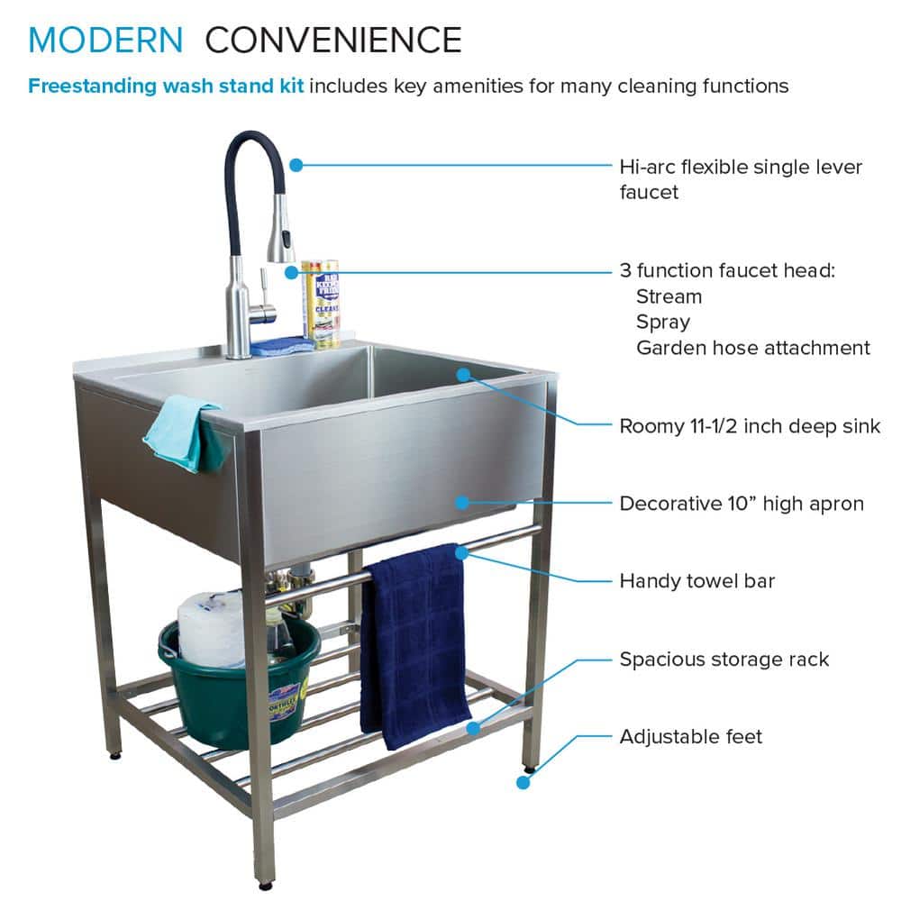 Transolid 25 in. x 22 in. Brushed Satin Stainless Steel Utility Sink with Wash Stand