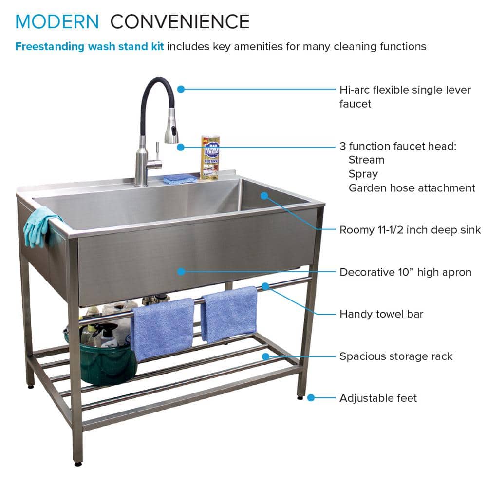 Transolid Stainless Steel Freestanding Laundry Utility Sink with Wash Stand