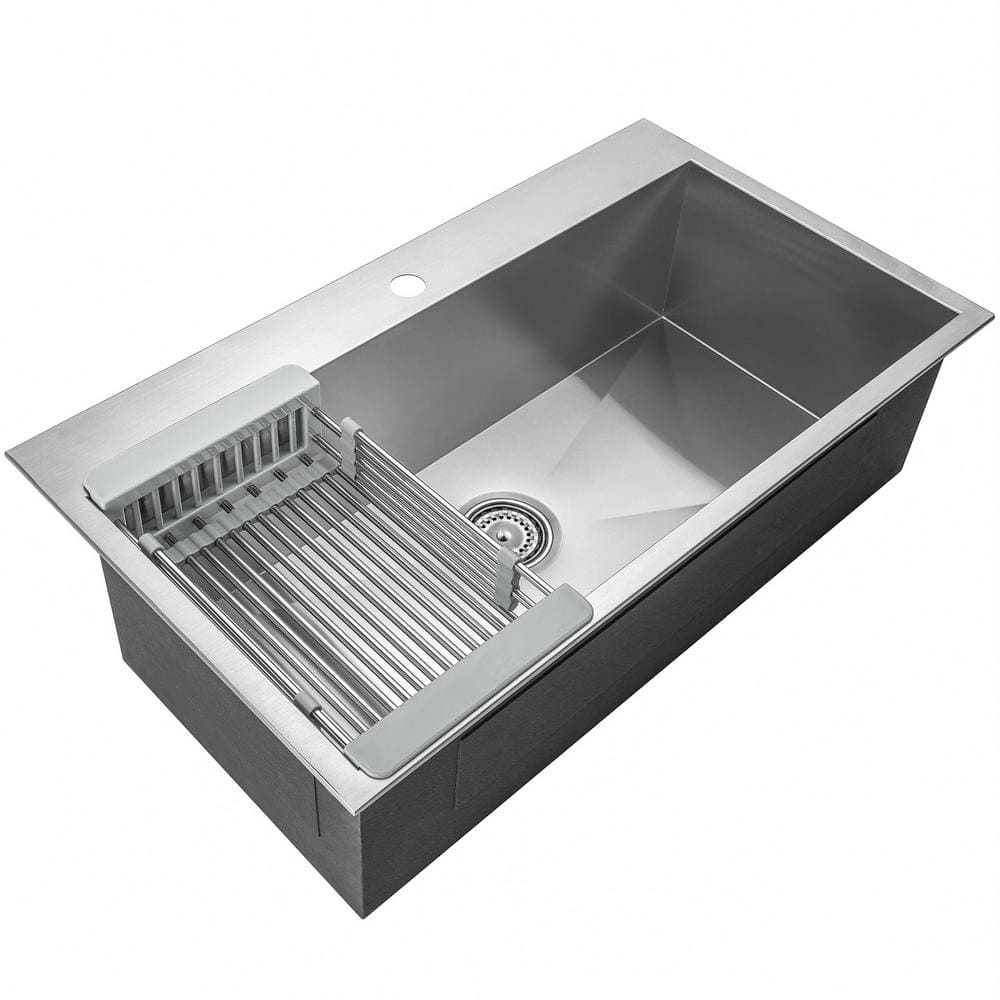 AKDY 32" x 18" x 9" Handmade Stainless Steel Top Mount Kitchen Sink, Single Basin with Tray & Strainer Kit