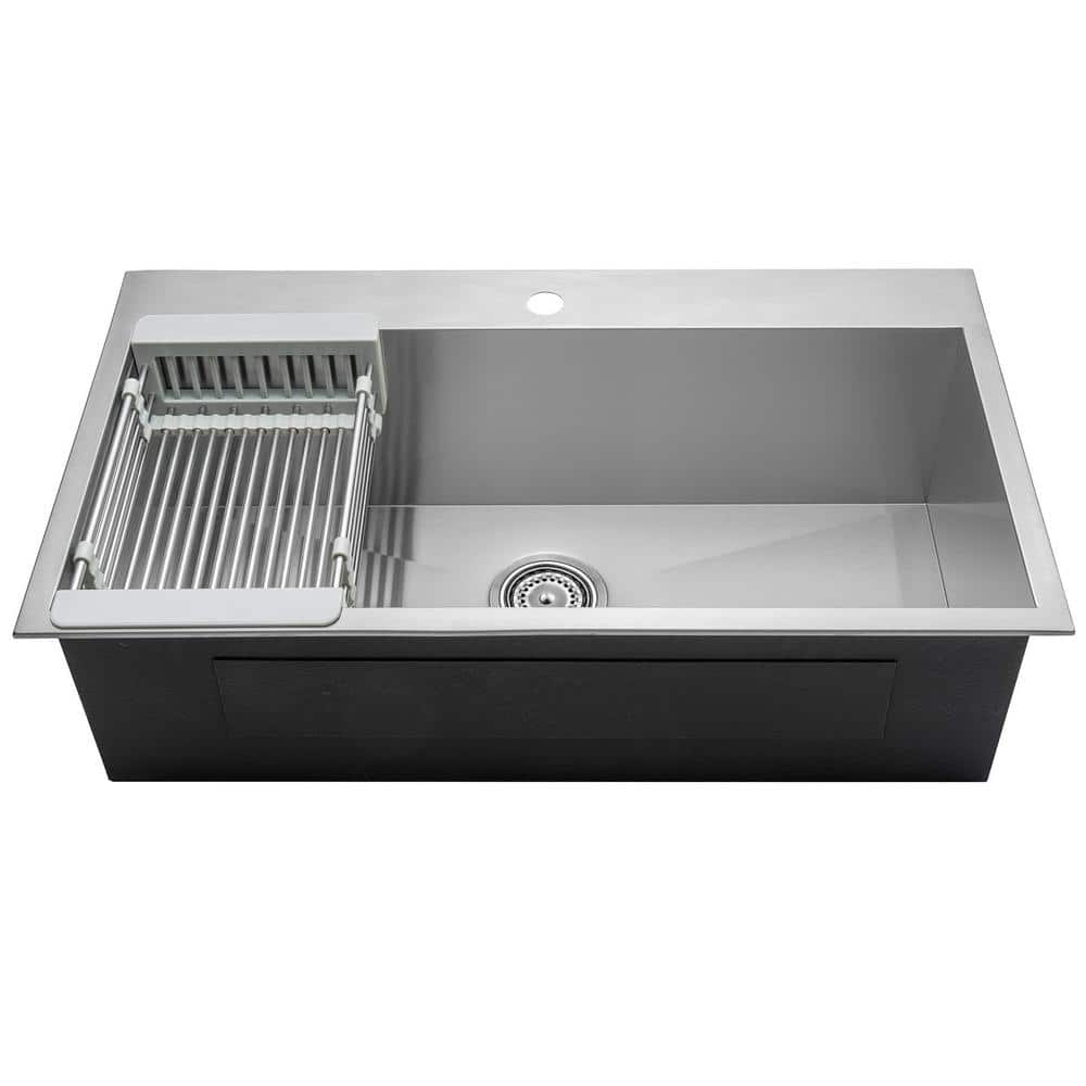 AKDY 32" x 18" x 9" Handmade Stainless Steel Top Mount Kitchen Sink, Single Basin with Tray & Strainer Kit