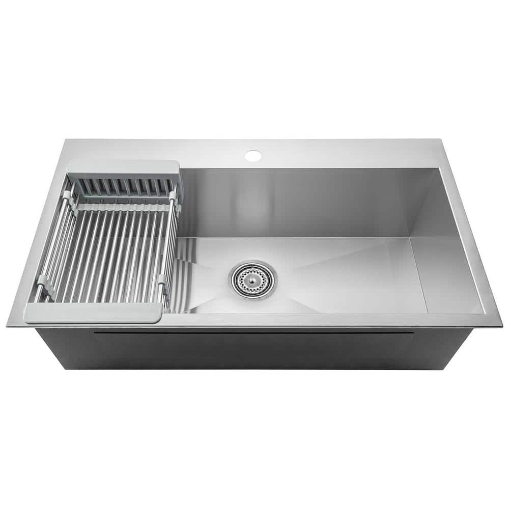 AKDY 32" x 18" x 9" Handmade Stainless Steel Top Mount Kitchen Sink, Single Basin with Tray & Strainer Kit