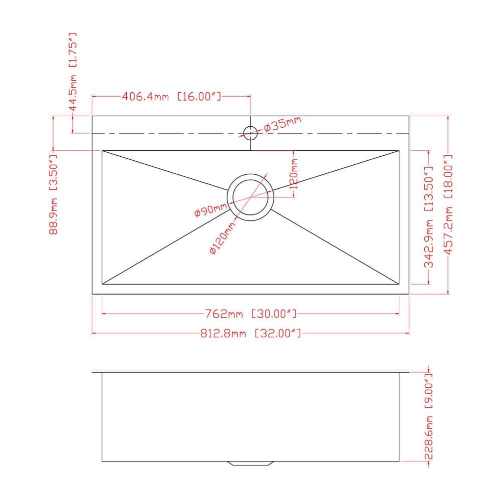 AKDY 32" x 18" x 9" Handmade Stainless Steel Top Mount Kitchen Sink, Single Basin with Tray & Strainer Kit