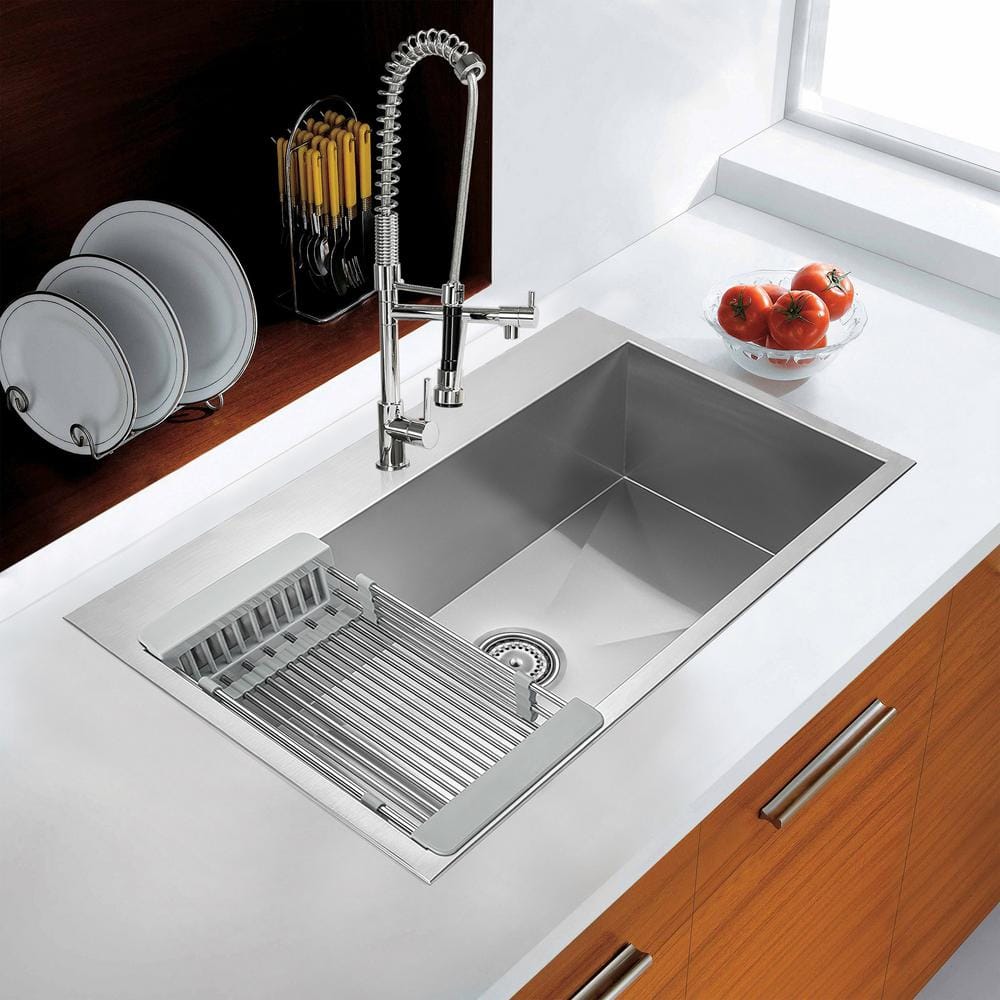 AKDY 32" x 18" x 9" Handmade Stainless Steel Top Mount Kitchen Sink, Single Basin with Tray & Strainer Kit