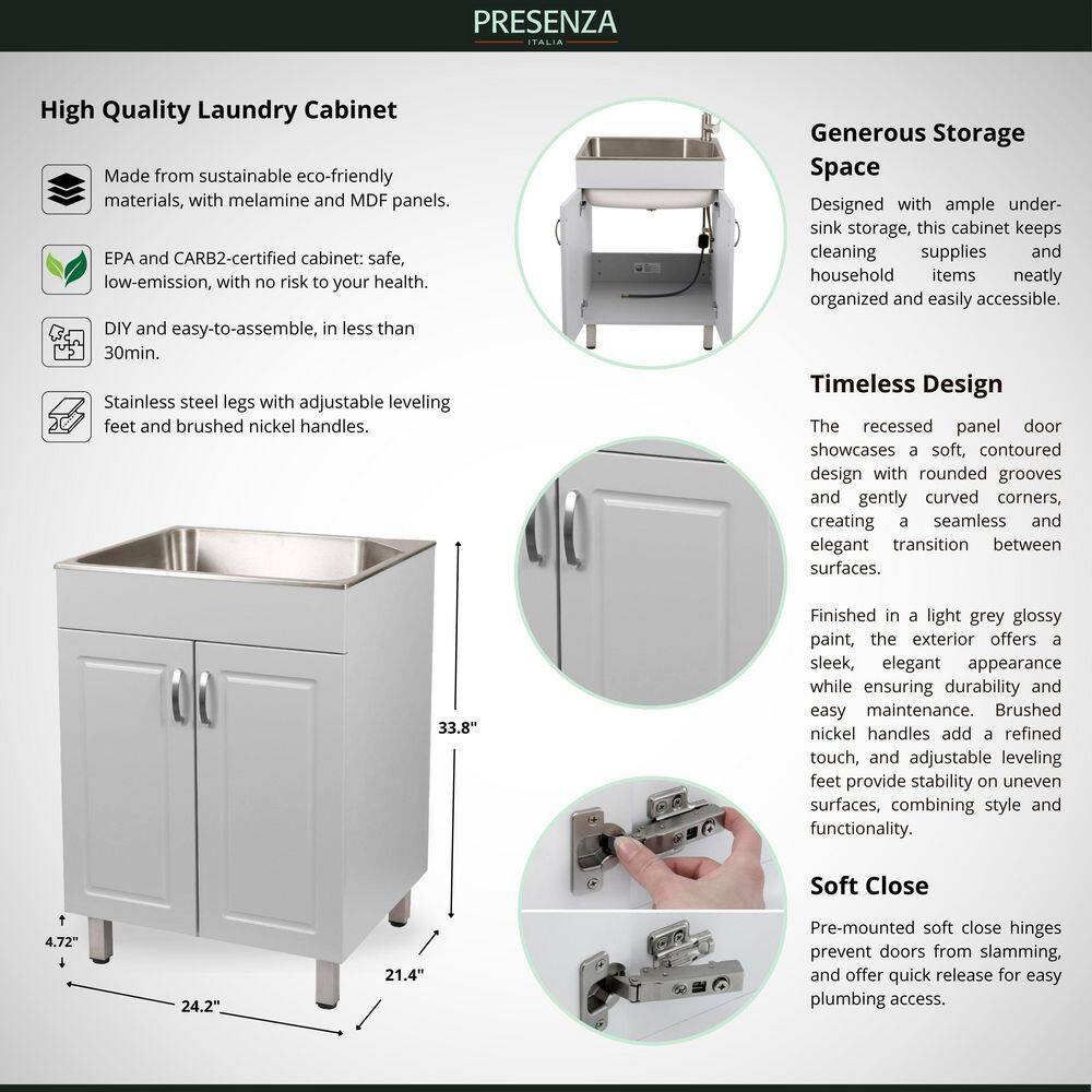 Presenza All-in-One Stainless Steel Laundry Sink Kit with Light Grey Cabinet