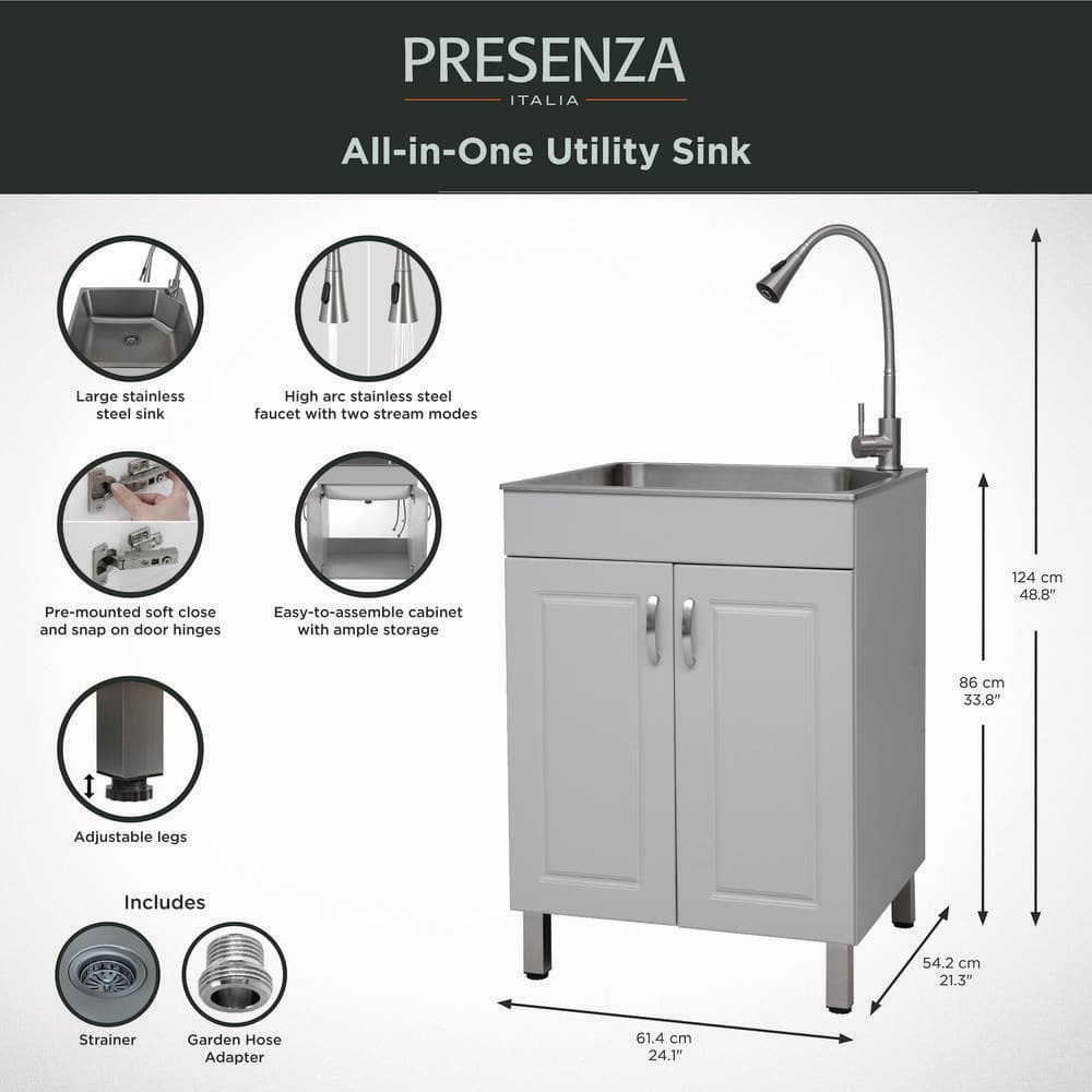 Presenza All-in-One Stainless Steel Laundry Sink Kit with Light Grey Cabinet