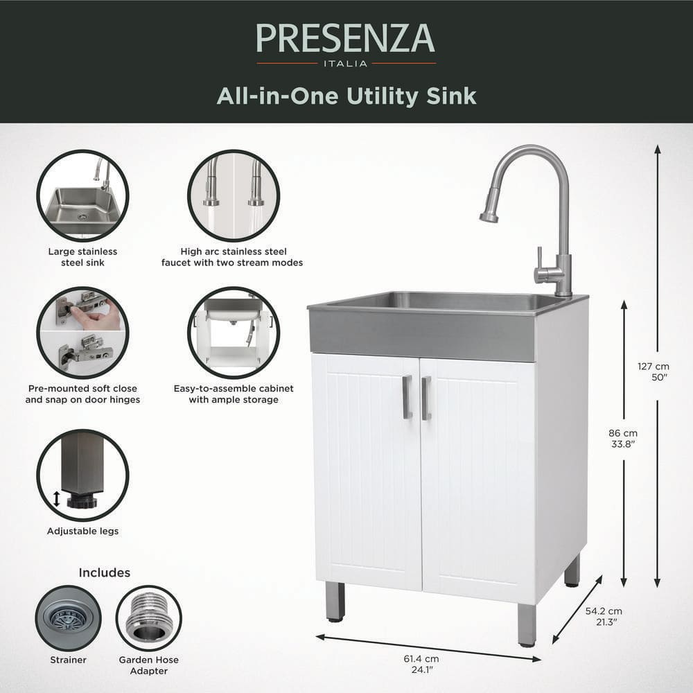 Presenza All-in-One Laundry Sink Cabinet with Stainless Steel Sink and Faucet