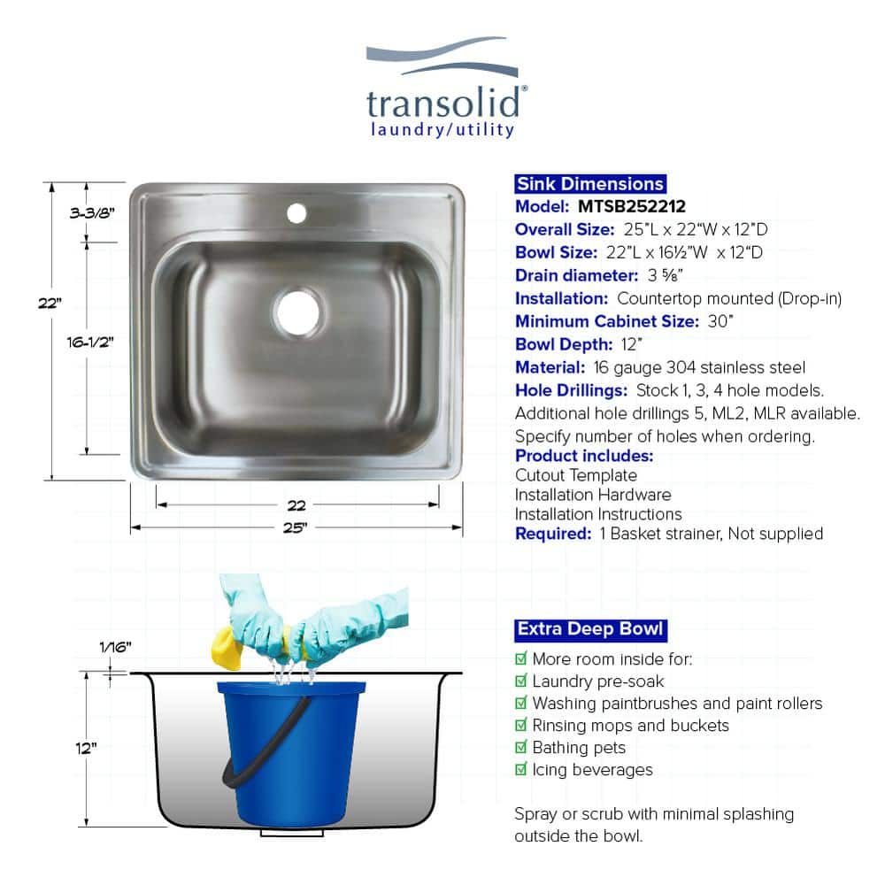 Transolid Meridian 25" x 22" x 12" Stainless Steel Drop-In Laundry Utility Sink Kit