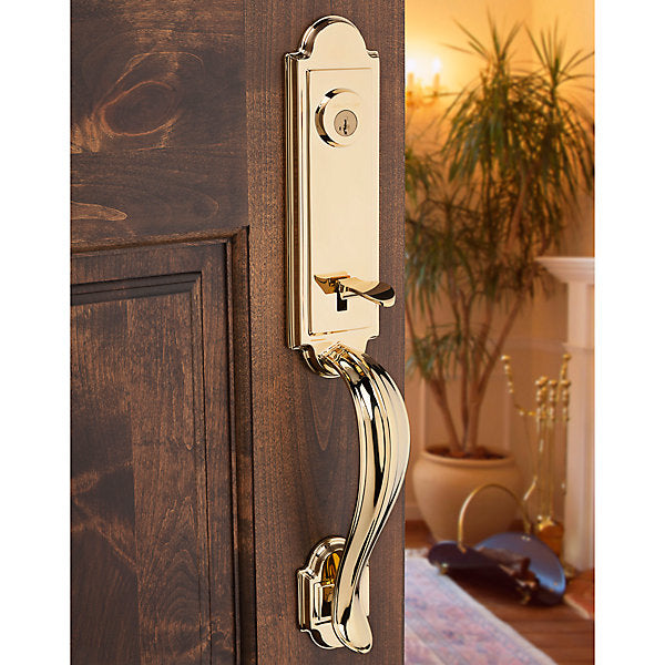 Prestige Avendale Single Cylinder Lifetime Polished Brass Door Handleset with Alcott Door Knob featuring SmartKey Security
