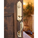 Prestige Avendale Single Cylinder Lifetime Polished Brass Door Handleset with Alcott Door Knob featuring SmartKey Security