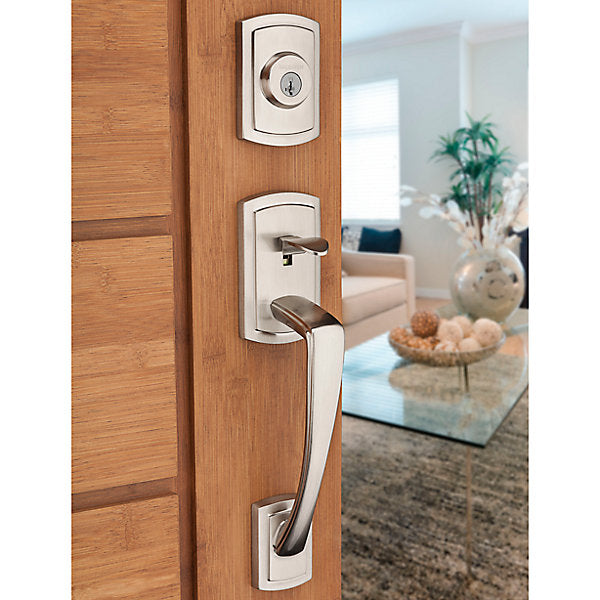 Prestige Nautica Single Cylinder Satin Nickel Door Handleset with Tobin Door Lever Featuring SmartKey Security