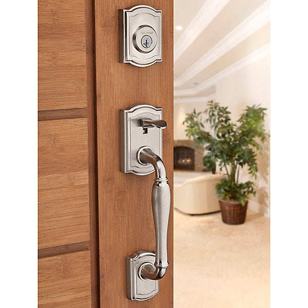 Prestige Wesley Single Cylinder Lifetime Polished Brass Door Handleset with Alcott Door Knob Featuring SmartKey Security