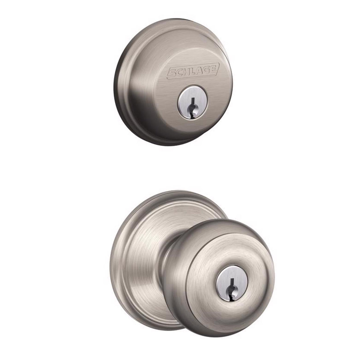 Schlage Georgian Satin Nickel Knob and Single Cylinder Deadbolt, ANSI Grade 2, 1-3/4 in.