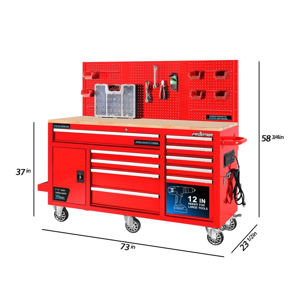 62 in. 10-Drawer Tool Chest Cabinet with Pegboard Back Wall Heavy-Duty Mobile Workbench in Red - Super Arbor