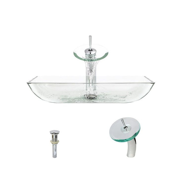 MR Direct Glass Vessel Sink in Crystal with Waterfall Faucet and Pop-Up Drain in Chrome