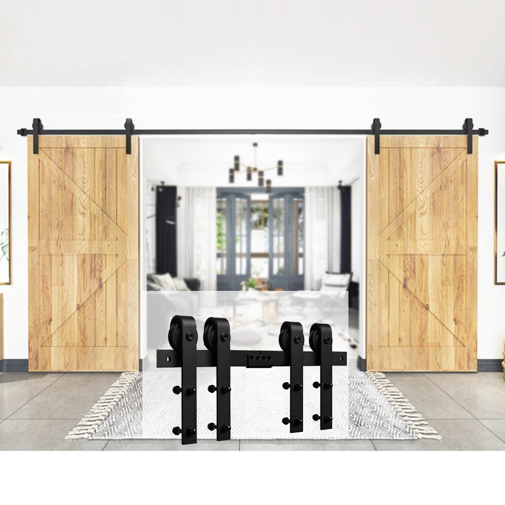 12 ft./144 in. Black Steel Sliding Barn Door Track and Hardware Kit for Double Doors with Floor Guide - Super Arbor