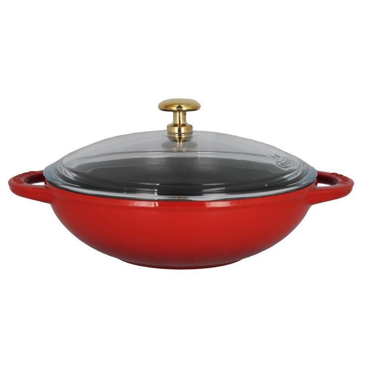 7 in. Red French Enameled Cast Iron Wok with Glass Lid