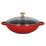 7 in. Red French Enameled Cast Iron Wok with Glass Lid