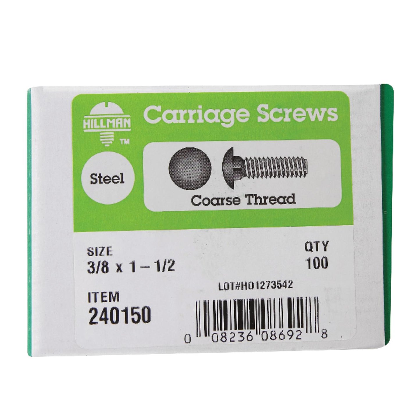 Hillman 3/8 in. x 1-1/2 in. Zinc-Plated Steel Carriage Bolt, Coarse Thread, 100-Pack
