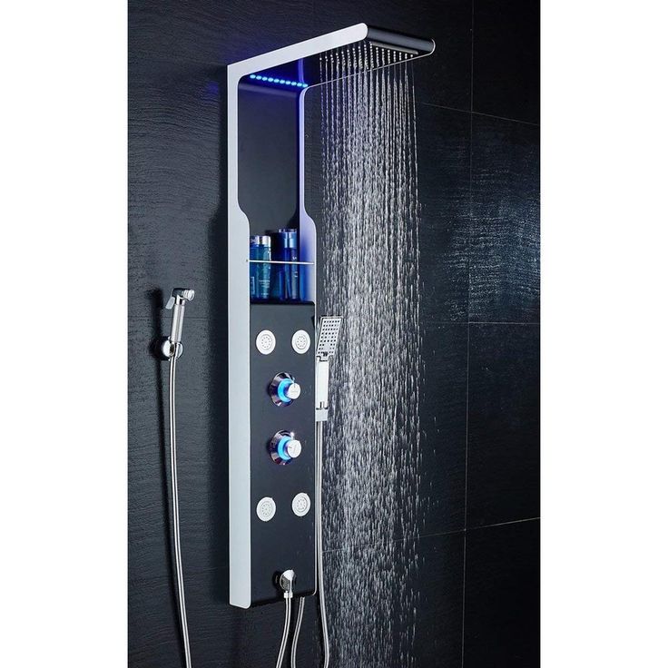 53 in. 4-Jet Shower Panel System with Shelf LED Rainfall Waterfall Head Handshower and Bidet Sprayer in Silver Black