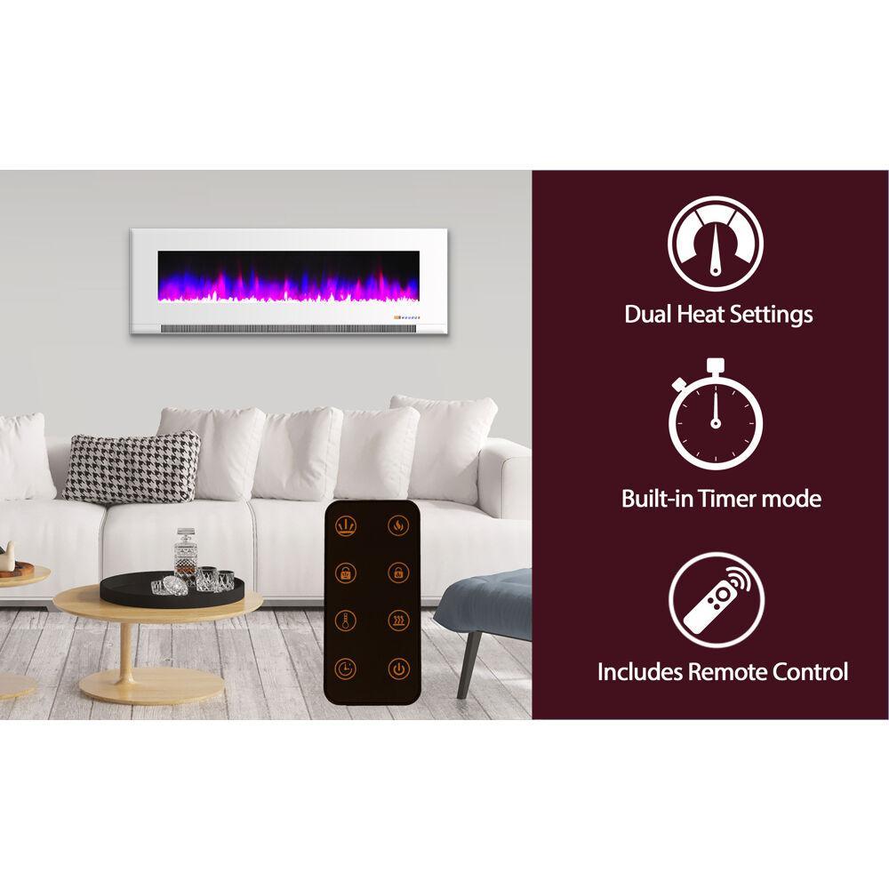 60 in. Wall-Mount Electric Fireplace in White with Multi-Color Flames and Crystal Rock Display - Super Arbor