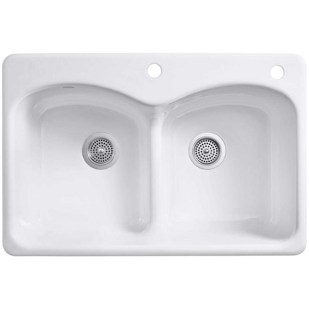 Langlade Smart Divide Drop-In Cast Iron 33 in. 2-Hole Double Bowl Kitchen Sink in White - Super Arbor