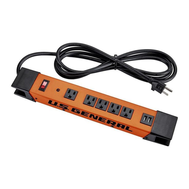 U.S. GENERAL 5-Outlet Magnetic Power Strip with Metal Housing and 2 USB Ports, Orange
