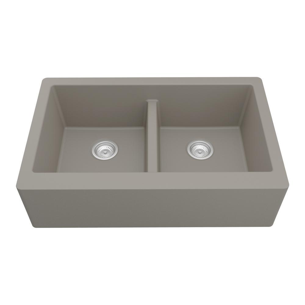 Farmhouse Apron Front Quartz Composite 34 in. Double Bowl Kitchen Sink in Black - Super Arbor