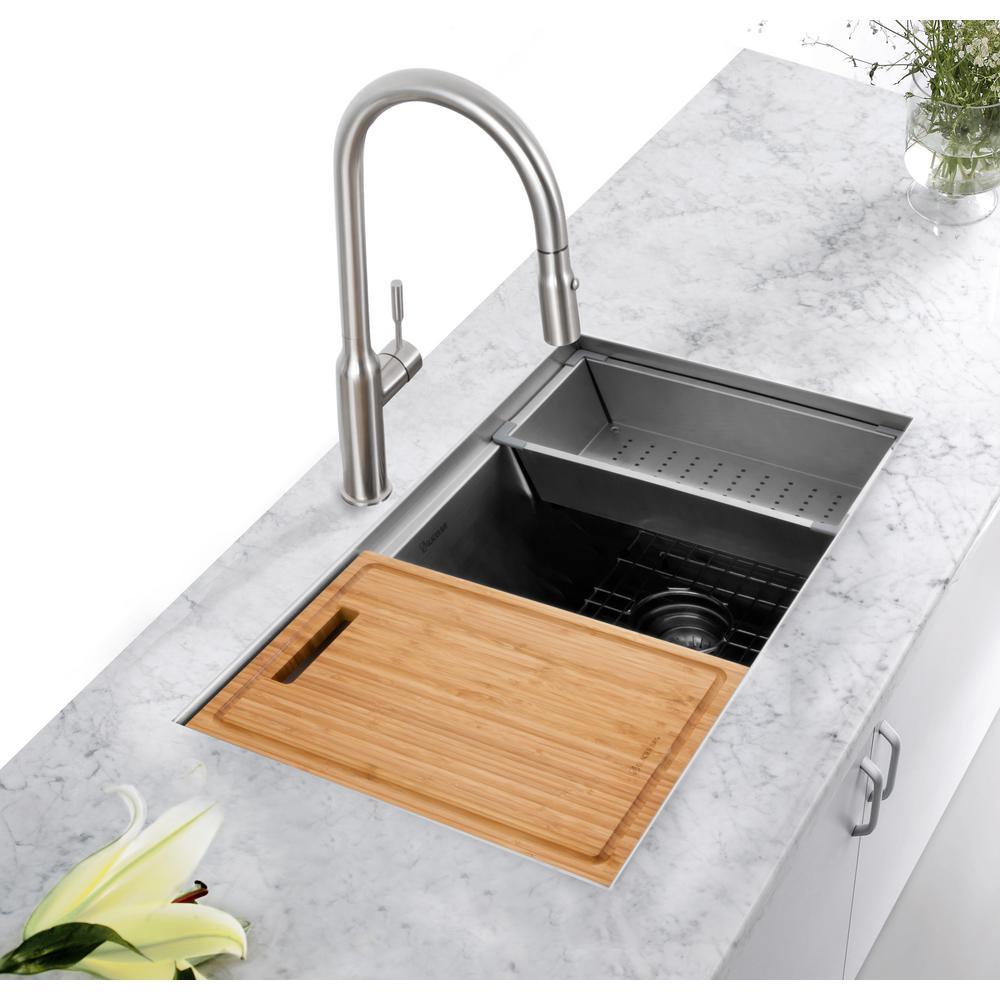 All-in-One Undermount Stainless Steel 32 in. Single Bowl Kitchen Workstation Sink with Faucet and Accessories Kit - Super Arbor