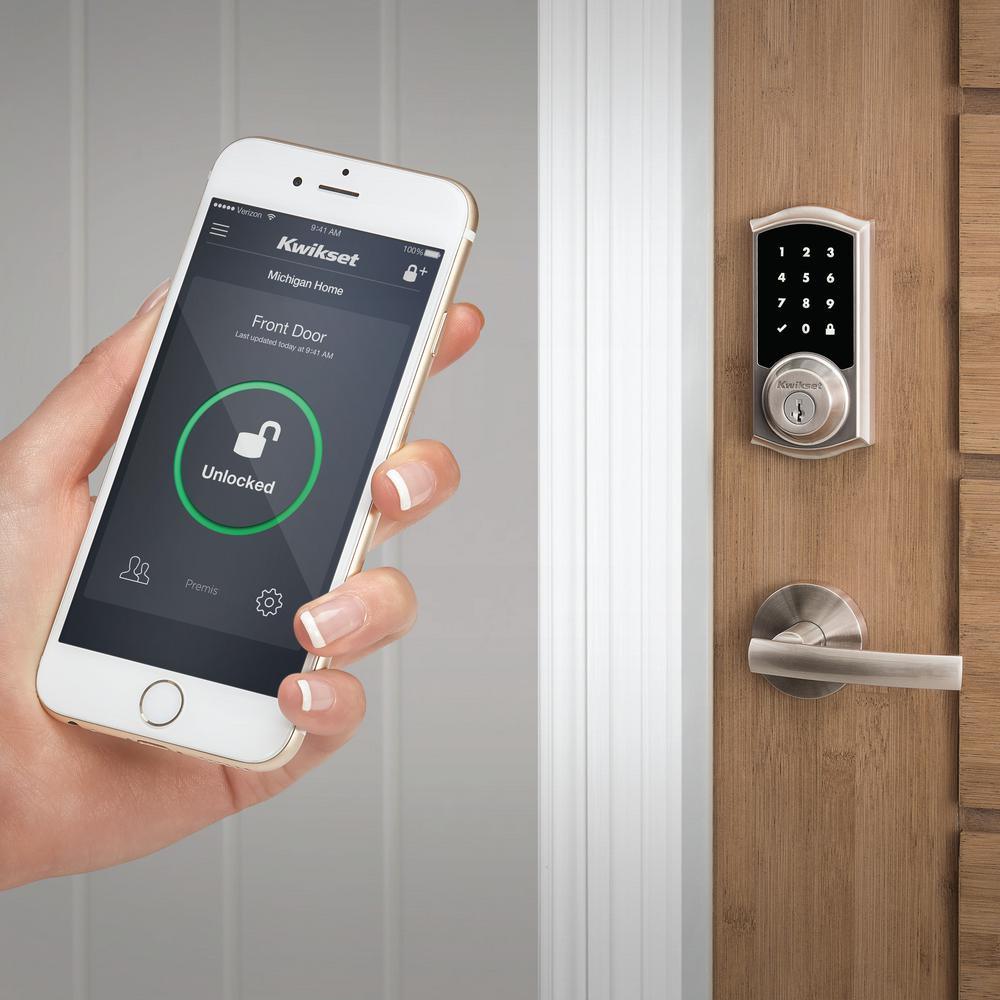 Premis Touchscreen Smart Lock Single Cylinder Satin Nickel Electronic with Avalon Handleset and Tustin Door Lever - Super Arbor