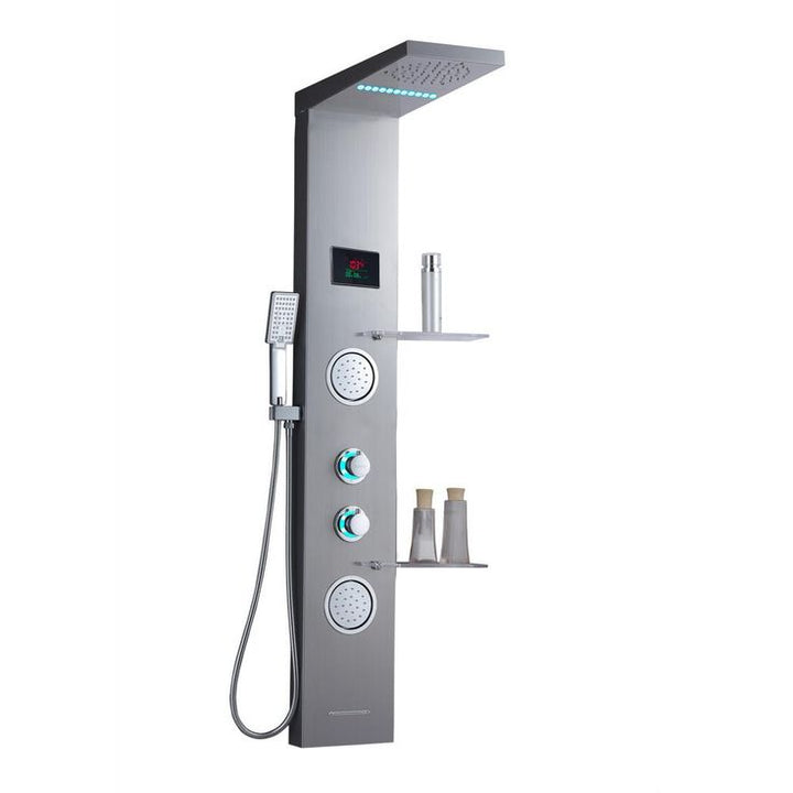 53 in. 2-Jet Shower Panel System with Shelf LED Rainfall and Mist Head Hand Shower and Tub Spout in Brushed Nickel