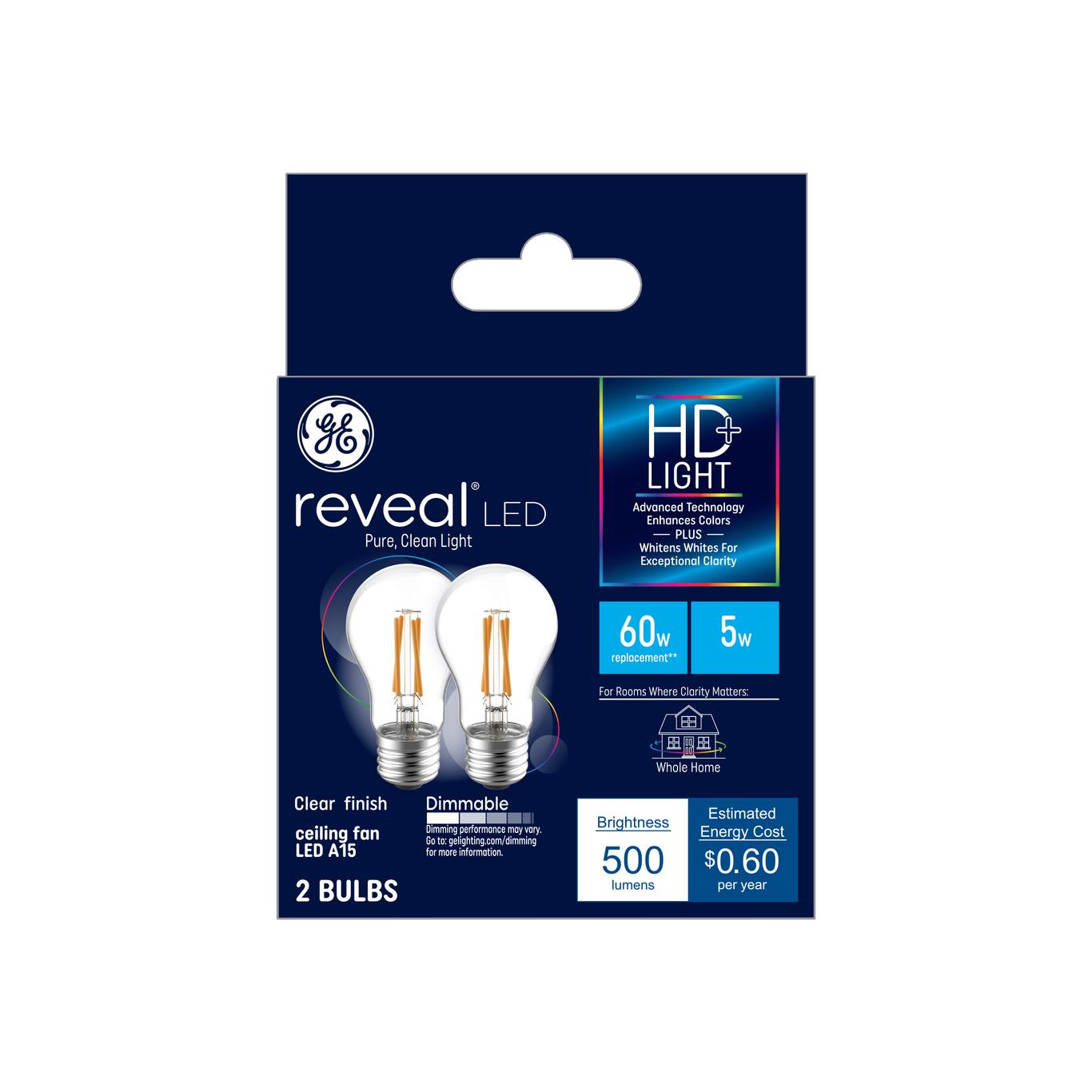 GE Reveal 60-Watt Equivalent A15 Color-Enhancing Dimmable LED Light Bulb, 500 Lumens, Clear Finish (2-Pack)