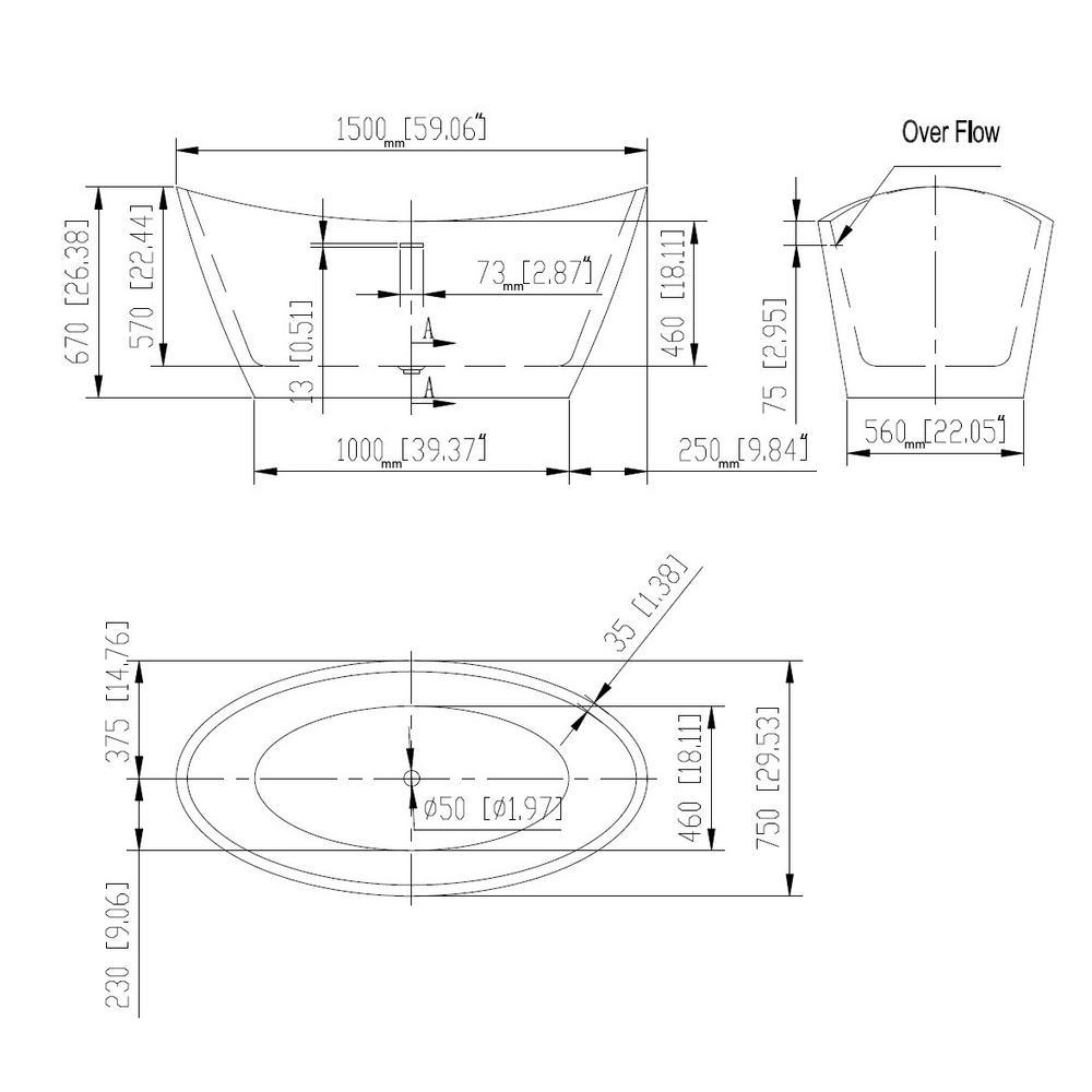 59 in. Free Standing Bathtub Streamline Stand Alone Flatbottom Acrylic Deep Soaking SPA Tubs for Adults in White - Super Arbor