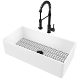 Matte Stone White Composite 33 in. Single Bowl Flat Farmhouse Kitchen Sink with Strainer, Grid and Faucet in Black