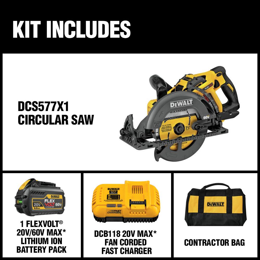 FLEXVOLT 60-Volt MAX Lithium-Ion Cordless Brushless 7-1/4 in. Wormdrive Style Circ Saw w/ Battery 3Ah, Charger and Bag - Super Arbor