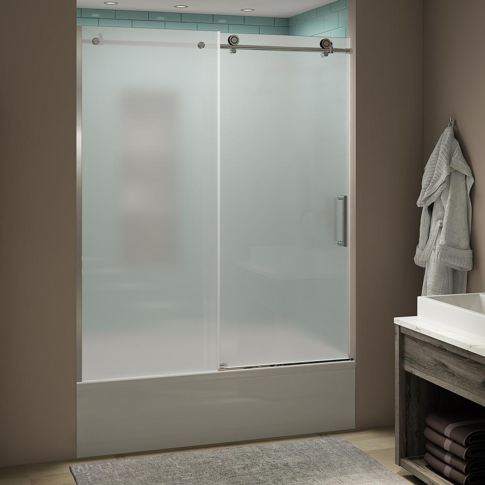 Coraline XL 56 - 60 in. x 70 in. Frameless Sliding Tub Door with StarCast Clear Glass in Stainless Steel, Left Opening - Super Arbor