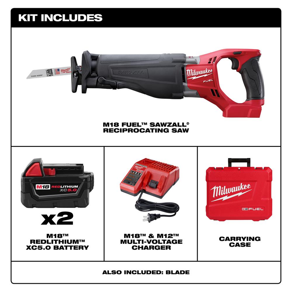 M18 FUEL 18-Volt Lithium-Ion Brushless Cordless SAWZALL Reciprocating Saw Kit W/(2) 5.0Ah Batteries, Charger & Hard Case - Super Arbor