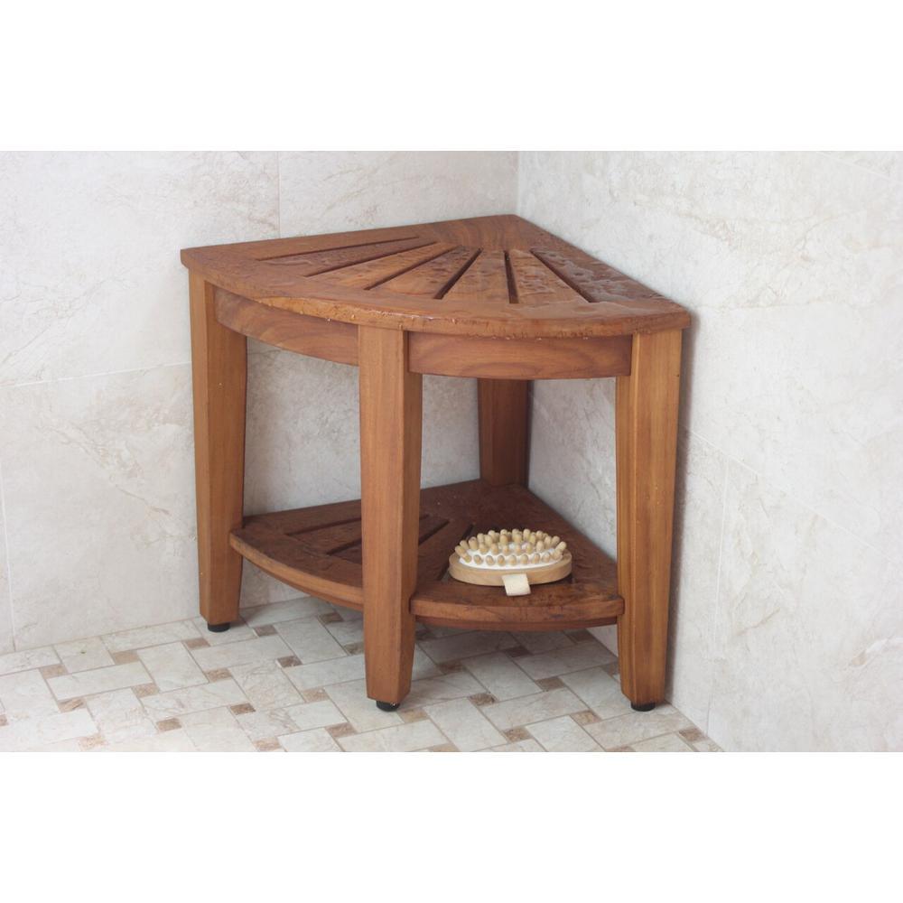 The Original 15.5 in. Kai Corner Teak Shower Bench with Shelf - Super Arbor
