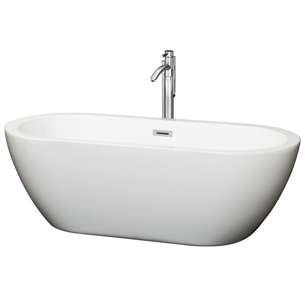 Soho 59.75 in. Acrylic Flatbottom Center Drain Soaking Tub in White with Floor Mounted Faucet in Brushed Nickel - Super Arbor