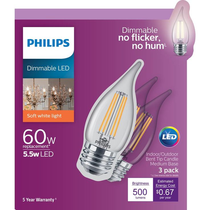 Philips 60-Watt Equivalent B11 Dimmable Edison Glass LED Candle Light Bulb Bent Tip Medium Base Soft White (2700K) (3-Pack)