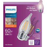 Philips 60-Watt Equivalent B11 Dimmable Edison Glass LED Candle Light Bulb Bent Tip Medium Base Soft White (2700K) (3-Pack)