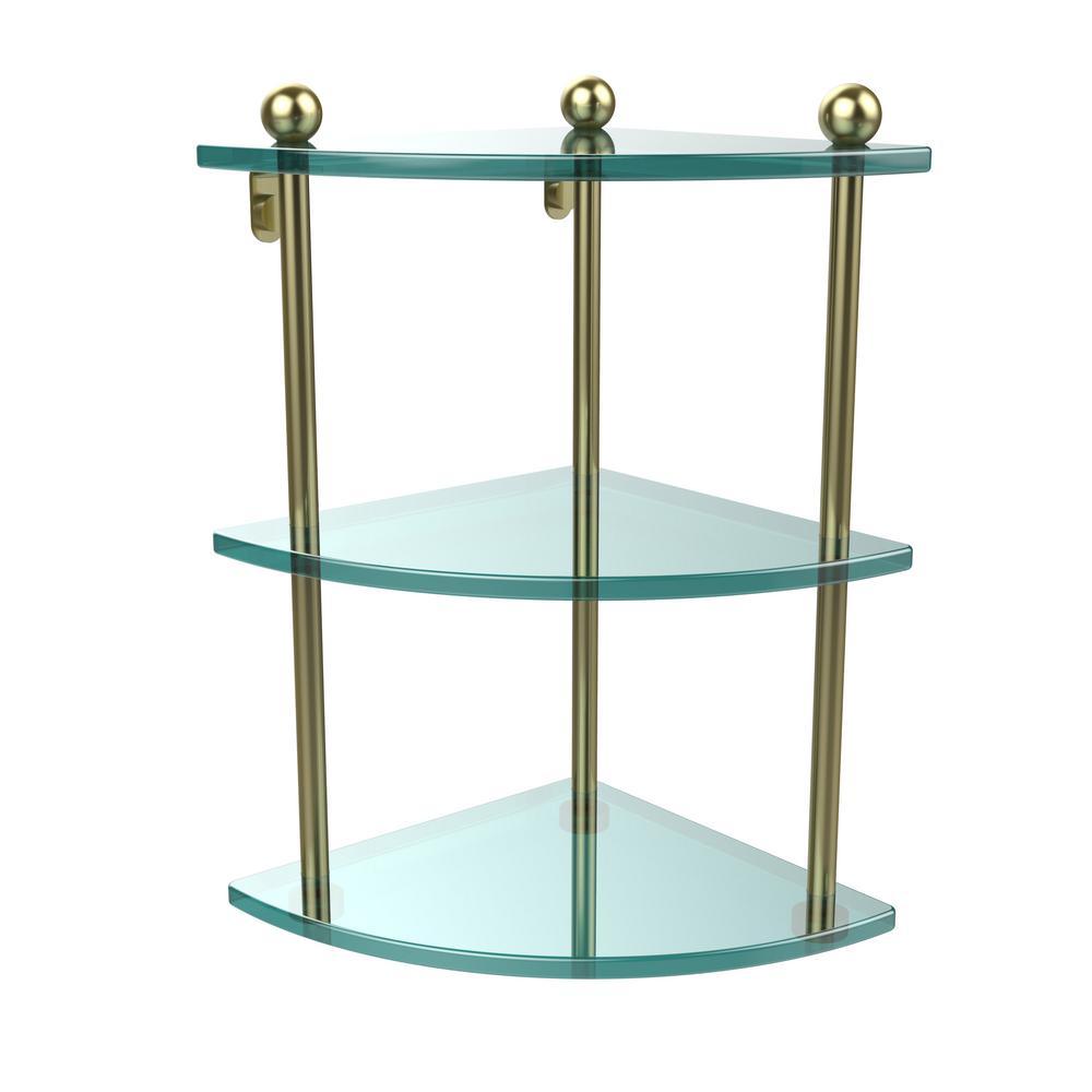 8 in. L  x 15 in. H  x 8 in. W 3-Tier Corner Clear Glass Bathroom Shelf in Satin Nickel - Super Arbor