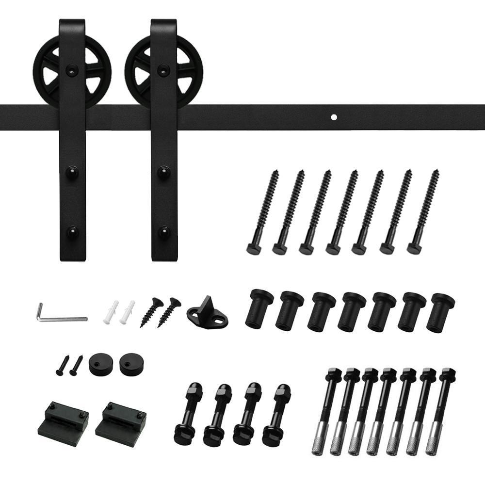 12 ft./144 in. Black Sliding Barn Door Track and Hardware Kit with Bigwheel J Shape Hanger for Single Door - Super Arbor