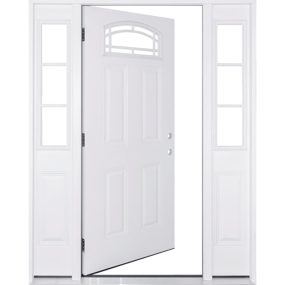 68 in. x 80 in. Camber Top White Left-Hand 14 in. 3-Lite Sidelites Primed Steel Prehung Front Door with 4-9/16 in. Frame - Super Arbor