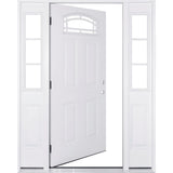 68 in. x 80 in. Camber Top White Left-Hand 14 in. 3-Lite Sidelites Primed Steel Prehung Front Door with 4-9/16 in. Frame - Super Arbor
