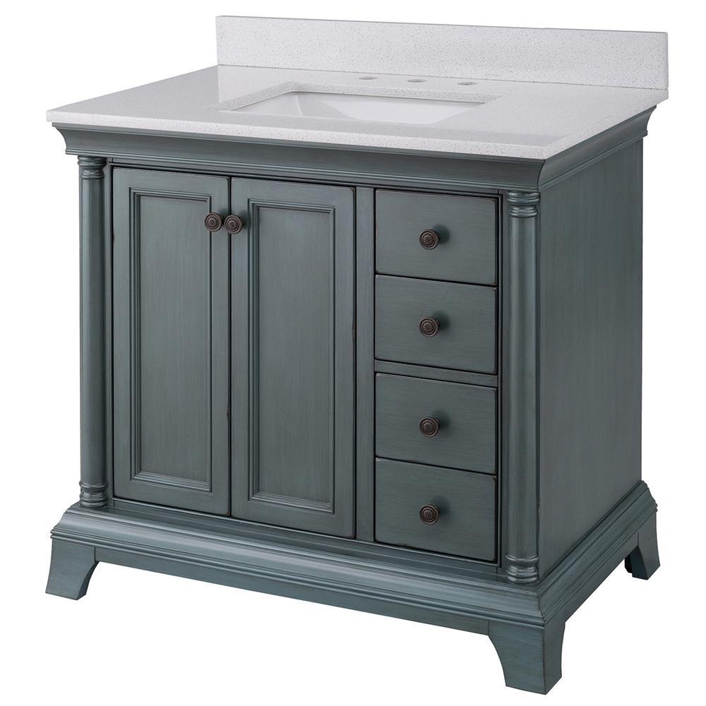 Strousse 37 in. W x 22 in. D Vanity in Distressed Blue Fog with Engineered Stone Top in Ice Diamond with White Sink - Super Arbor
