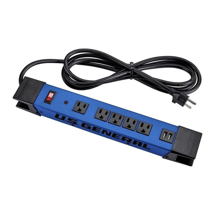 U.S. GENERAL 5-Outlet Magnetic Power Strip with Metal Housing and 2 USB Ports, Blue