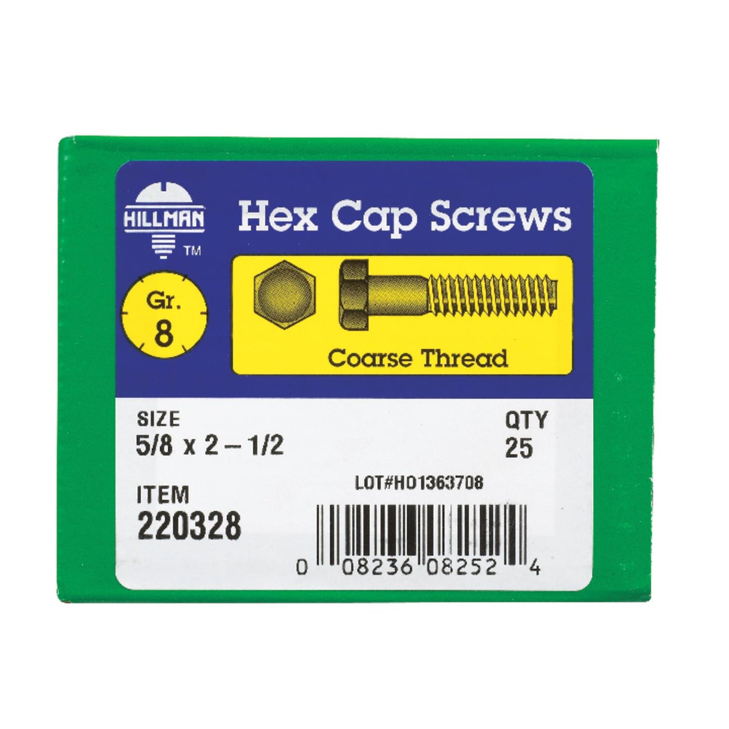 Hillman 5/8 in. Dia x 2-1/2 in. L Grade 8 Heat-Treated Steel Hex Head Cap Screws, Coarse Thread (25-Pack)